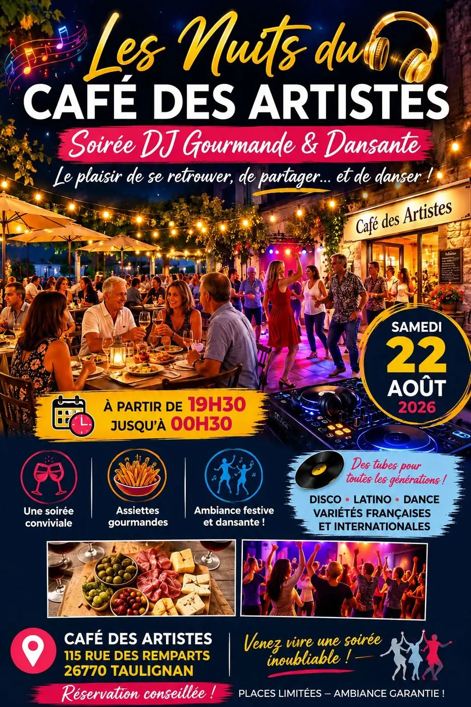 Affiche : Les Nuits du Café des Artistes, soirée DJ gourmande et dansante, samedi 22 août